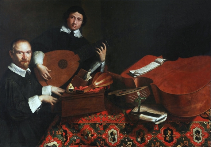 Baschenis Accademia musicale di Evaristo Baschenis alla spinetta e di Ottavio Agliardi con arciliuto mandola chitarra violone intavolatura per liuto