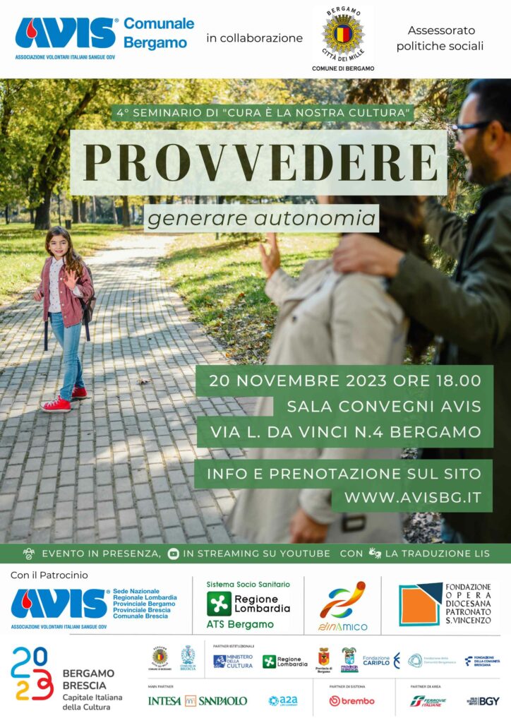 "Provvedere - Generare autonomia": il 20 novembre il 4° seminario del ciclo "Cura è la nostra Cultura" di Avis Comunale Bergamo
