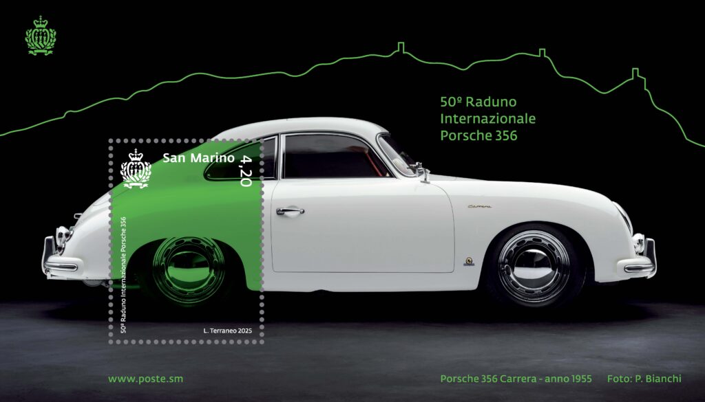 Classico iconico senza tempo il mito Porsche 356 sfreccia tra le vie storiche di San Marino e diventa francobollo Classico iconico senza tempo il mito Porsche 356 sfreccia tra le vie storiche di San Marino e diventa francobollo