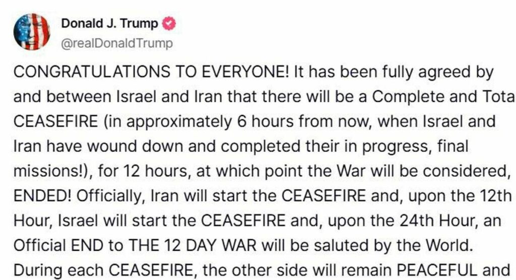 Iran Israele e la pace su Truth cessate il fuoco e un annuncio di Trump Iran Israele e la pace su Truth cessate il fuoco e un annuncio di Trump