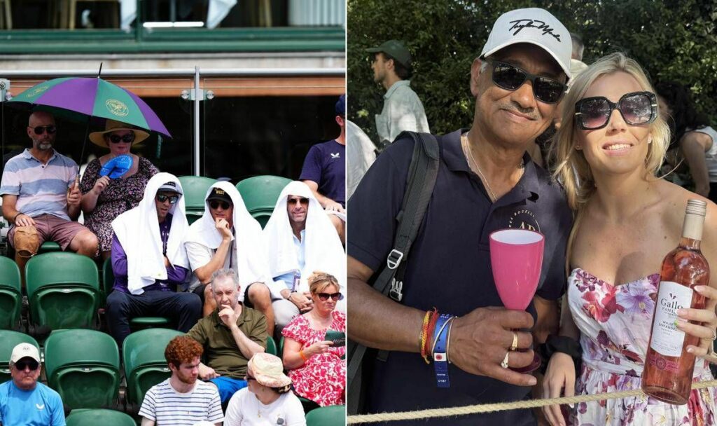 Caldo record a Wimbledon fan si attrezzano con ombrelloni e vino per sfuggire al sole cocente Caldo record a Wimbledon fan si attrezzano con ombrelloni e vino per sfuggire al sole cocente
