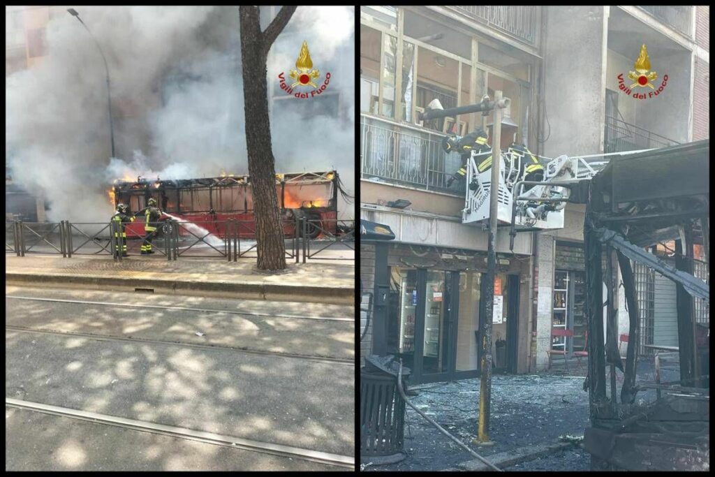 Roma bus in fiamme sulla Prenestina vetri rotti e facciata annerita Roma bus in fiamme sulla Prenestina vetri rotti e facciata annerita